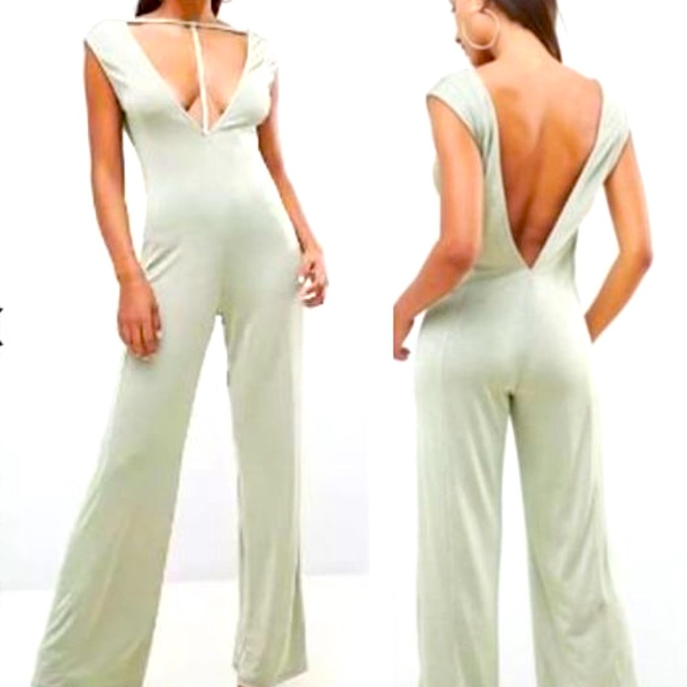 ASOS t-harness deep-v plunge sage green jumpsuit